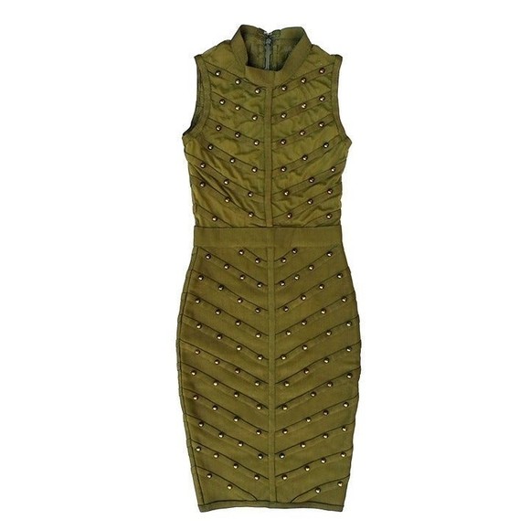 Olive Green Sleeveless Halter Mesh Ribbed Bodycon Bronze Studded Dress Sz Small - Picture 2 of 7
